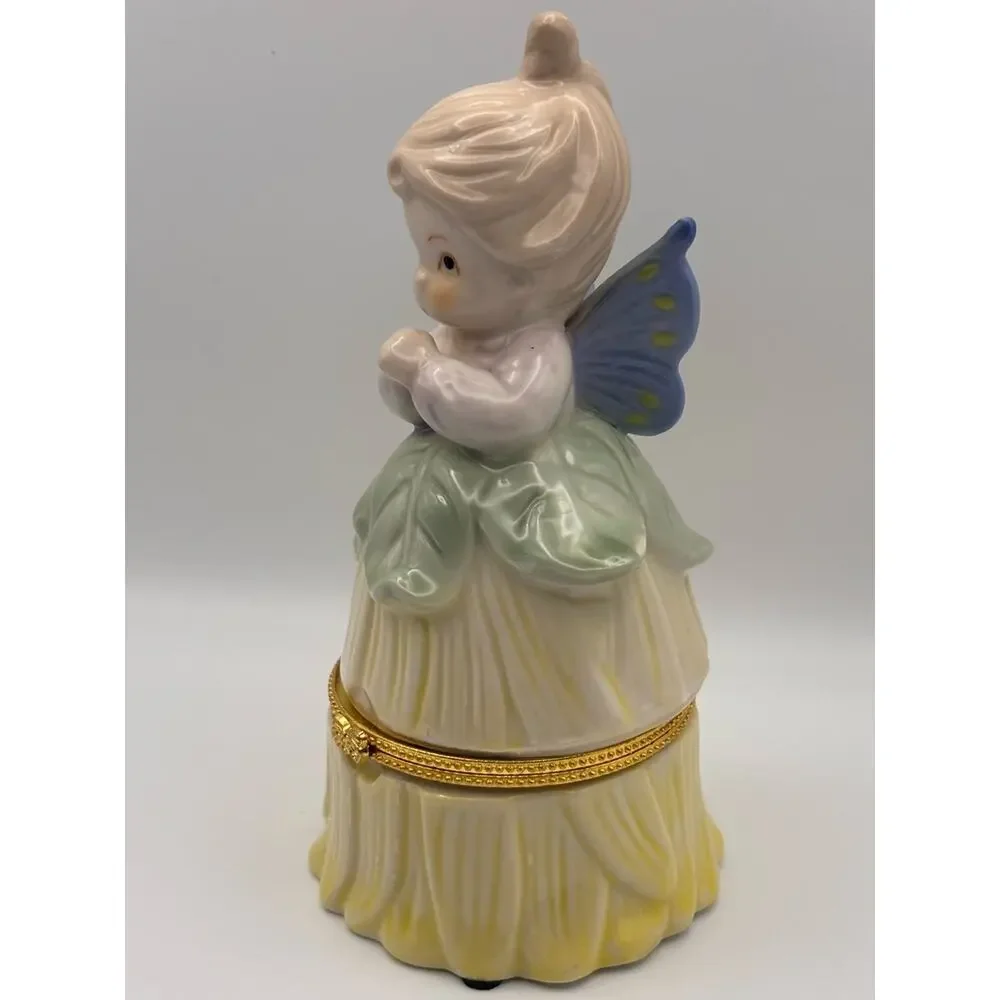Vintage Porcelain Pixie or Fairy Hinged Trinket Box in Petal-Shaped Dress